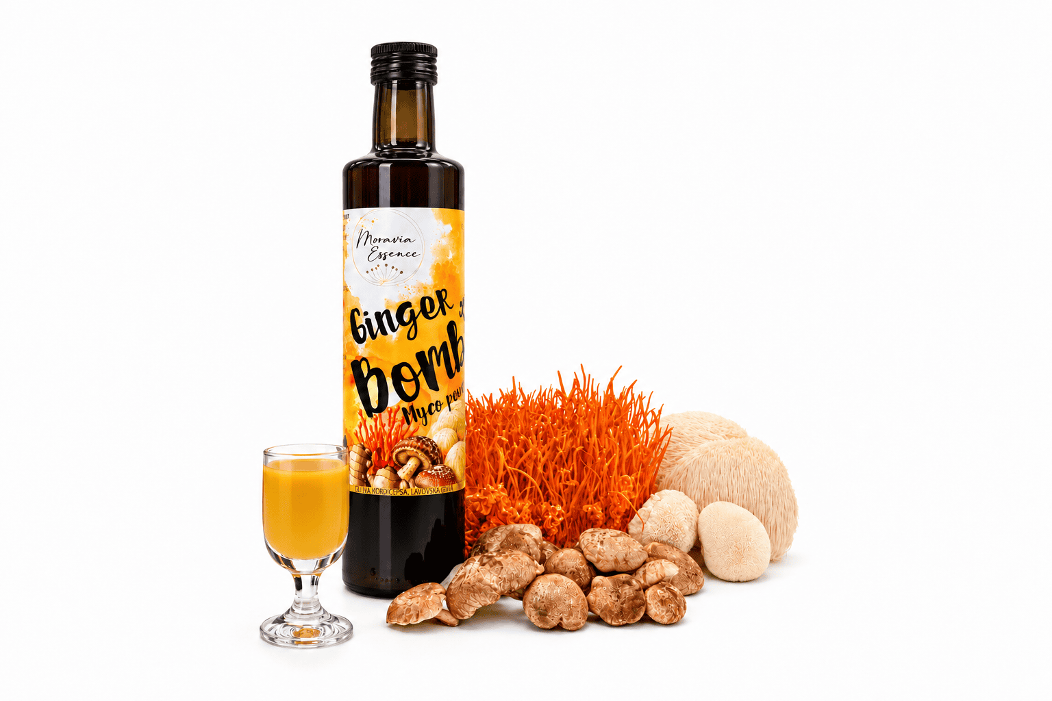 Ginger Bomb Myco Power – zázvorový shot se 70 % šťávy z BIO peruánského zázvoru a houbami Lion’s Mane, Cordyceps a Shiitake